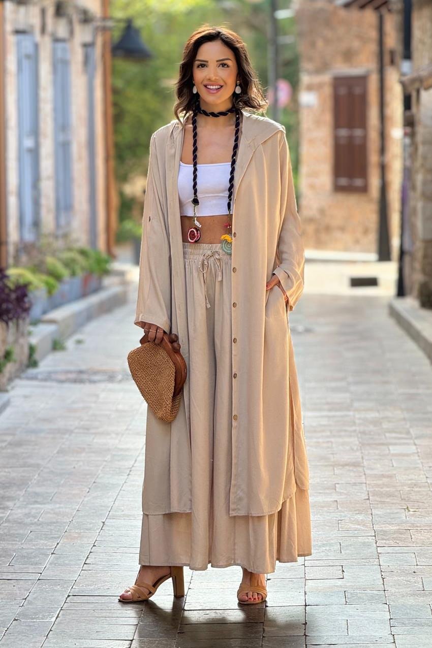 Taş Rengi İtalyan Takım - (Pantolon ve Uzun Tunik)