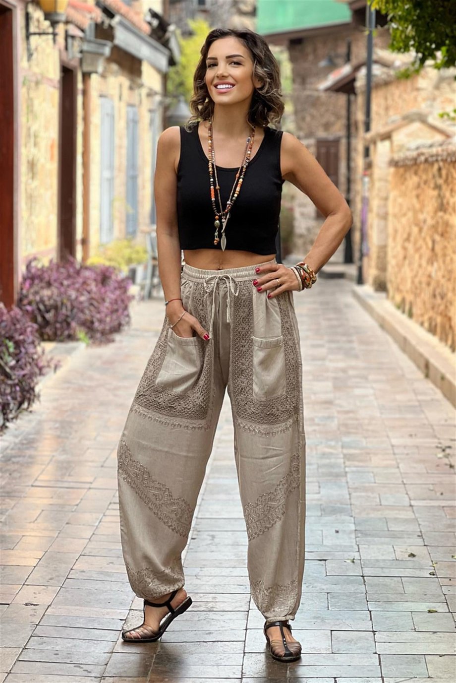 Taş Renk Avare %100 Pamuk İşlemeli Şalvar Pantolon