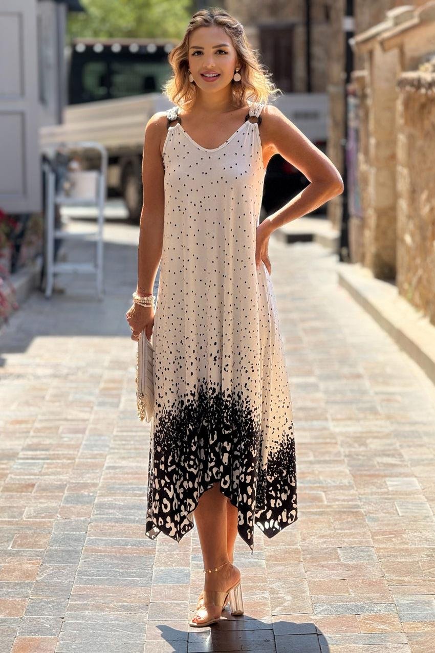 TOKALI Beyaz Etekleri Leopar Askılı Elbise