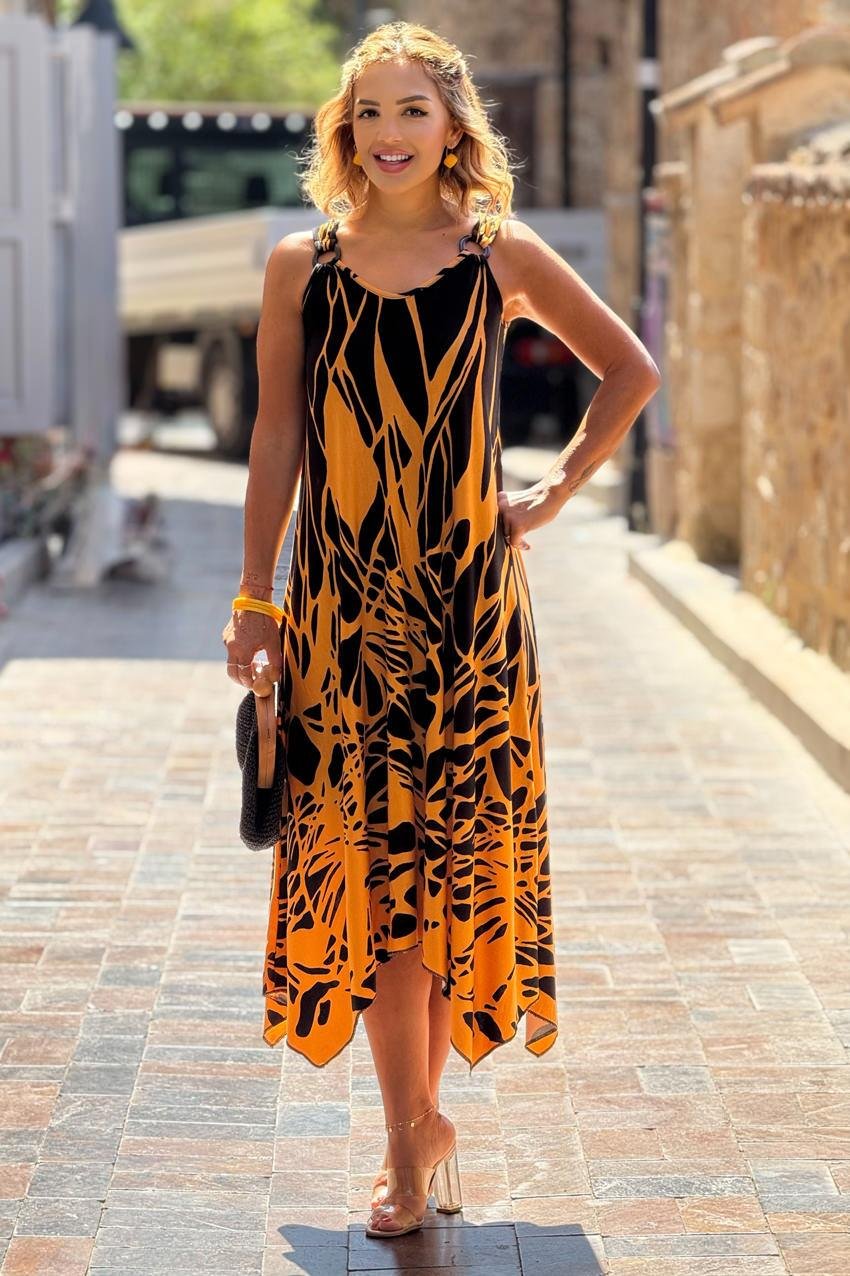 TOKALI Hardal Alev Desenli Askılı Elbise