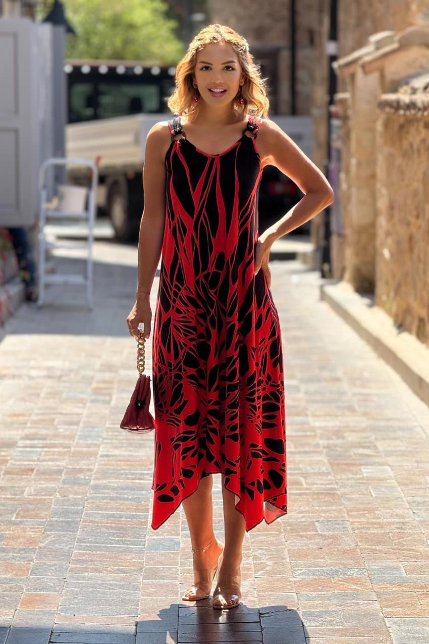 TOKALI Kırmızı Alev Desenli Askılı Elbise