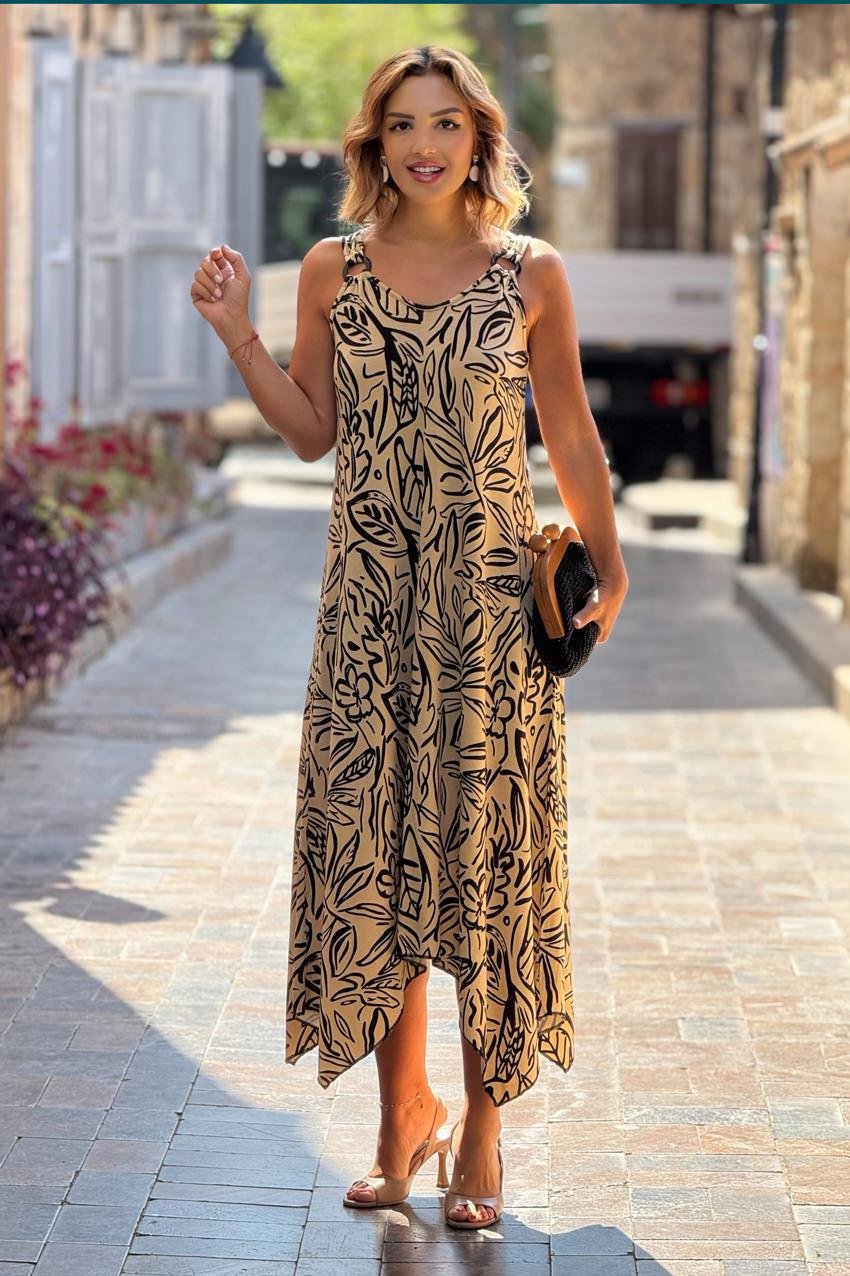 TOKALI Krem Yaprak Desenli Askılı Elbise