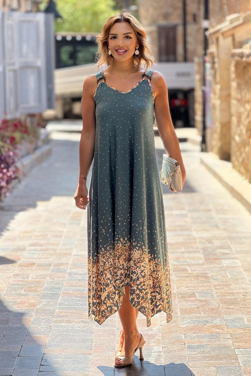 TOKALI Petrol Etekleri Leopar Askılı Elbise