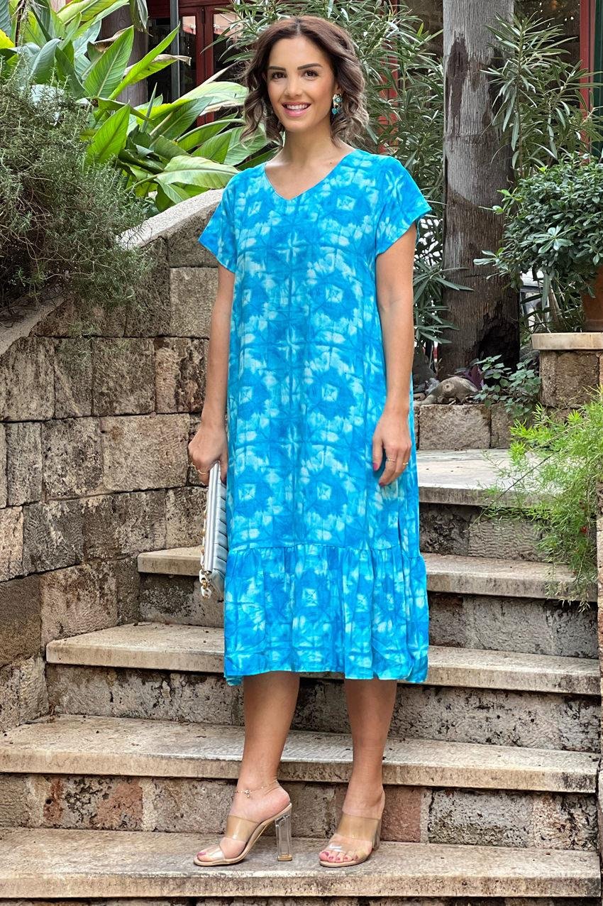 Turkuaz Batik Desenli %100 Pamuk Viskon Elbise
