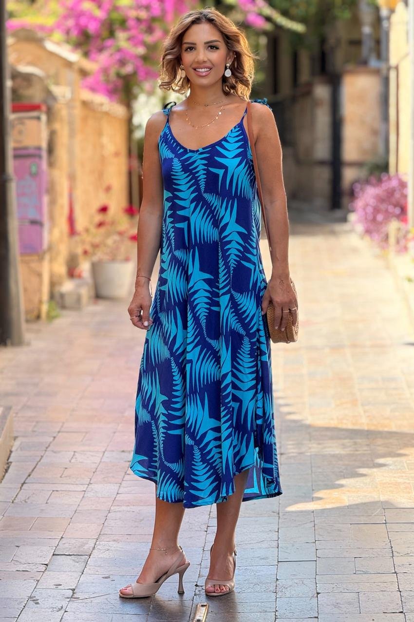 Turkuaz Çam Desenli Omuzları Bağlamalı Askılı Elbise