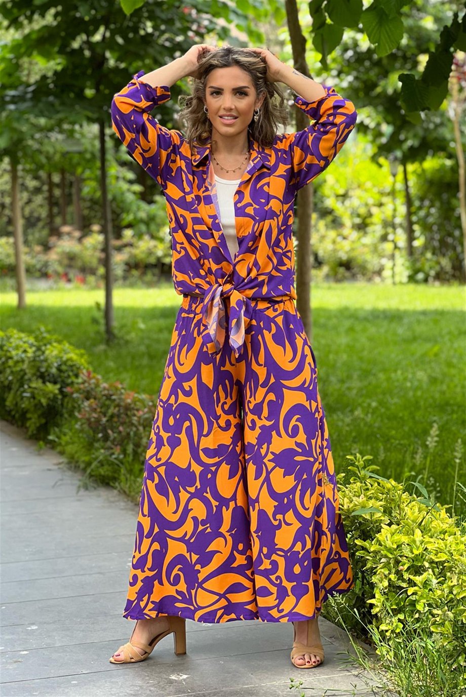 Turuncu Bahama Desenli Pantolon Gömlek İkili Takım