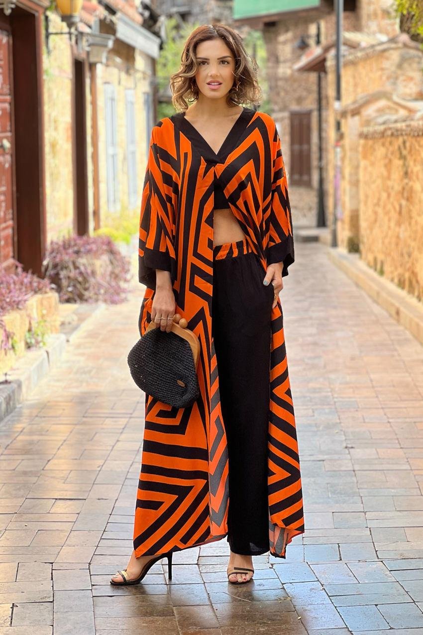 Turuncu Çizgili Pantolon Tunik İkili Takım