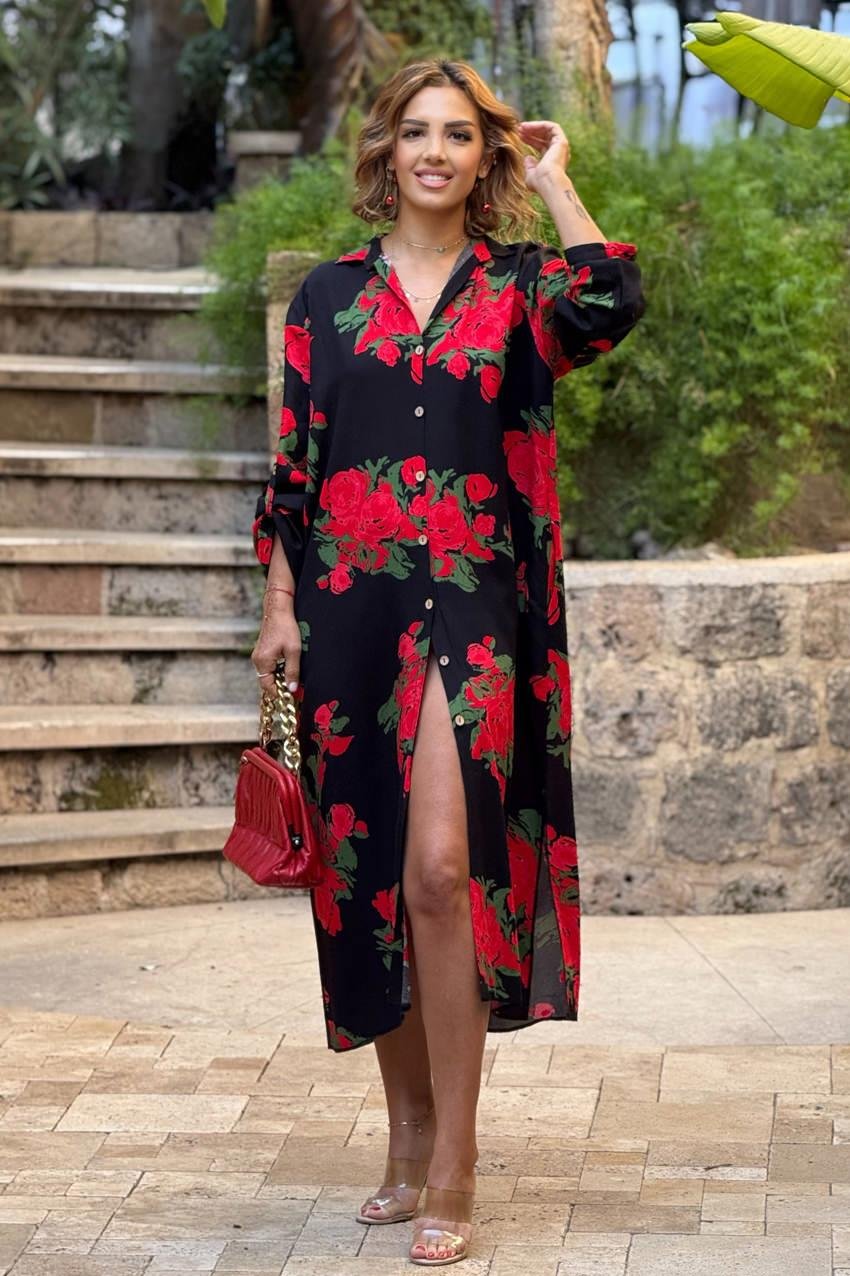 UZUN BOY Siyah Kırmızı Güllü Gömlek Elbise