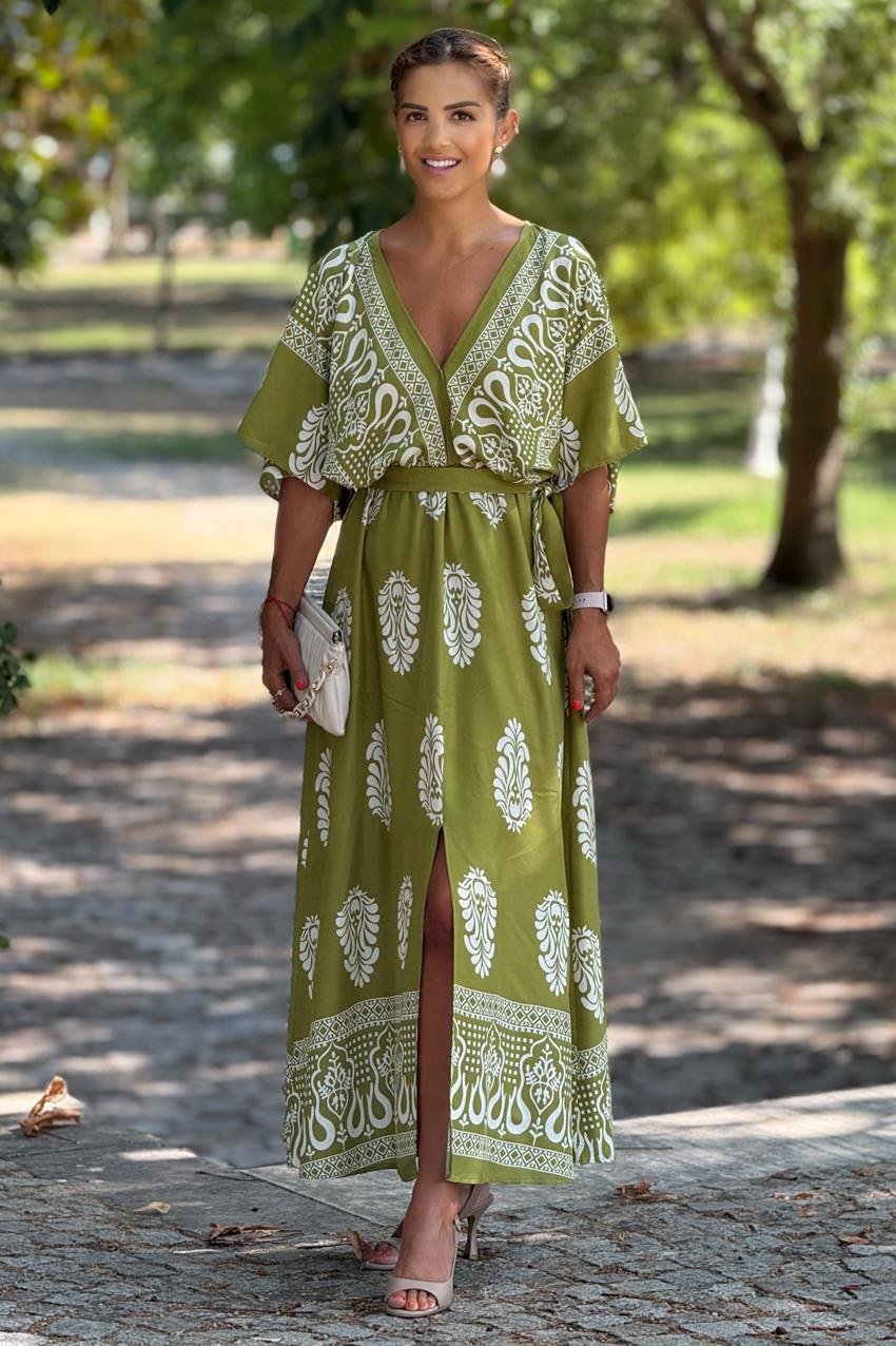 Yağ Yeşili Kruvaze Yaka Elbise