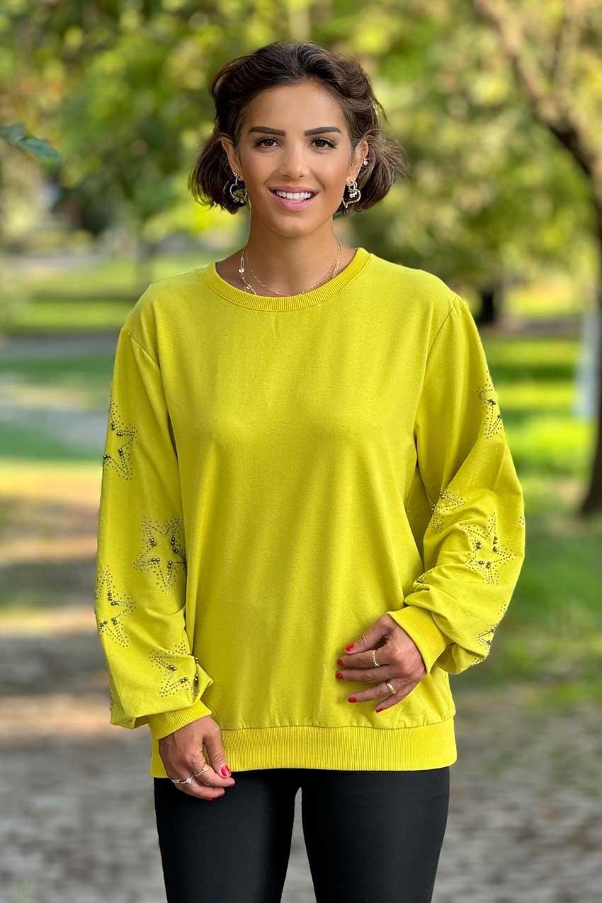 Yağ Yeşili Yıldız Taşlı %100 Pamuk Sweatshirt