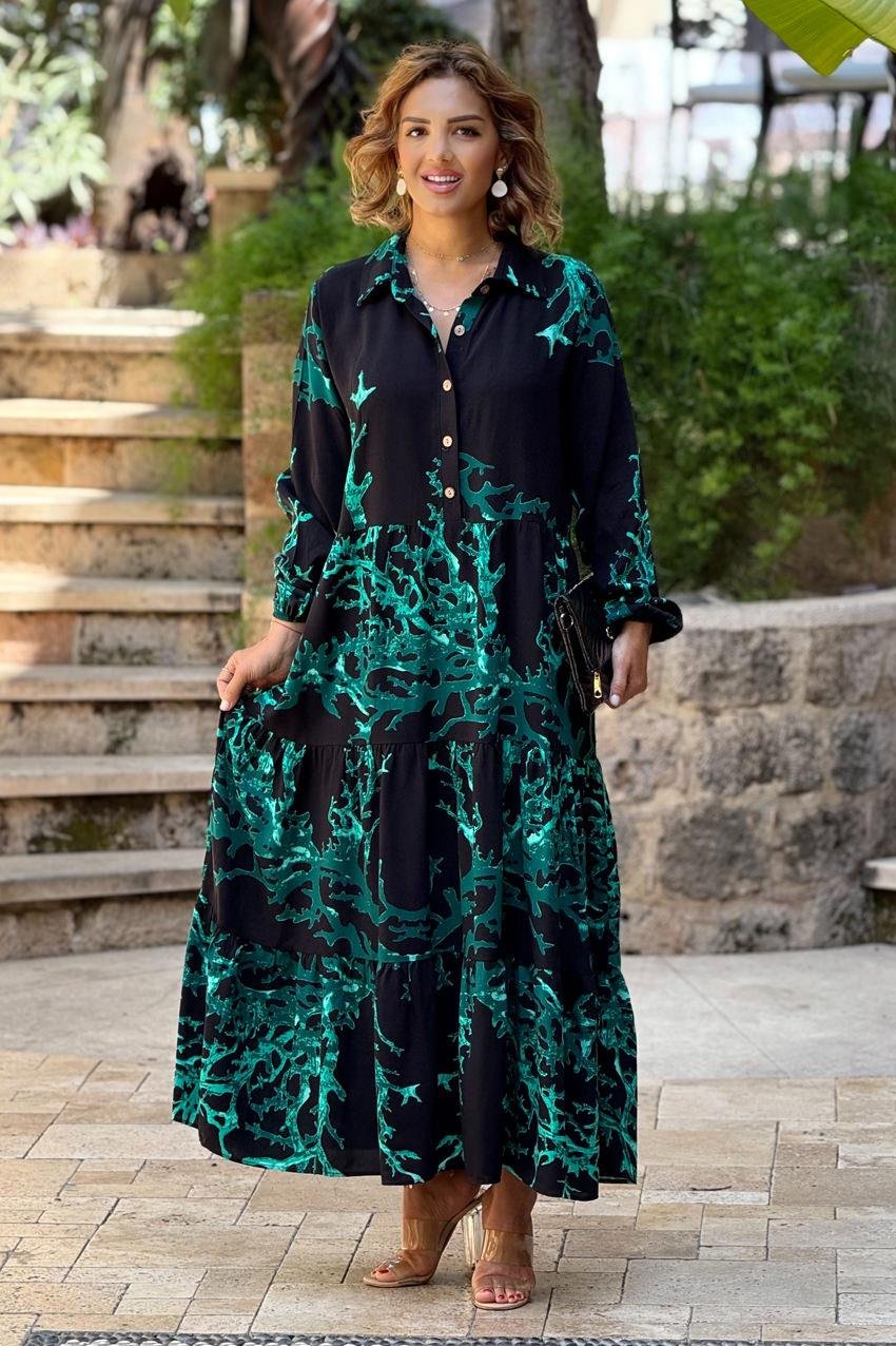 YARIM PATLI Siyah Resif Desenli Elbise