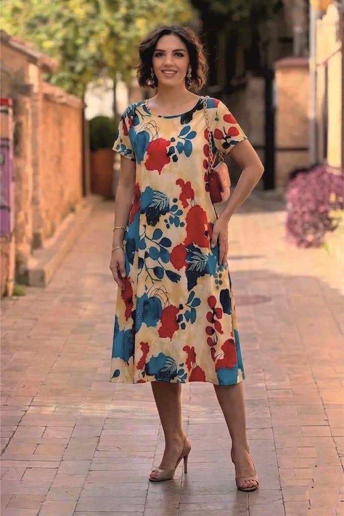 Yaz Desenli Yuvarlak Yaka Elbise