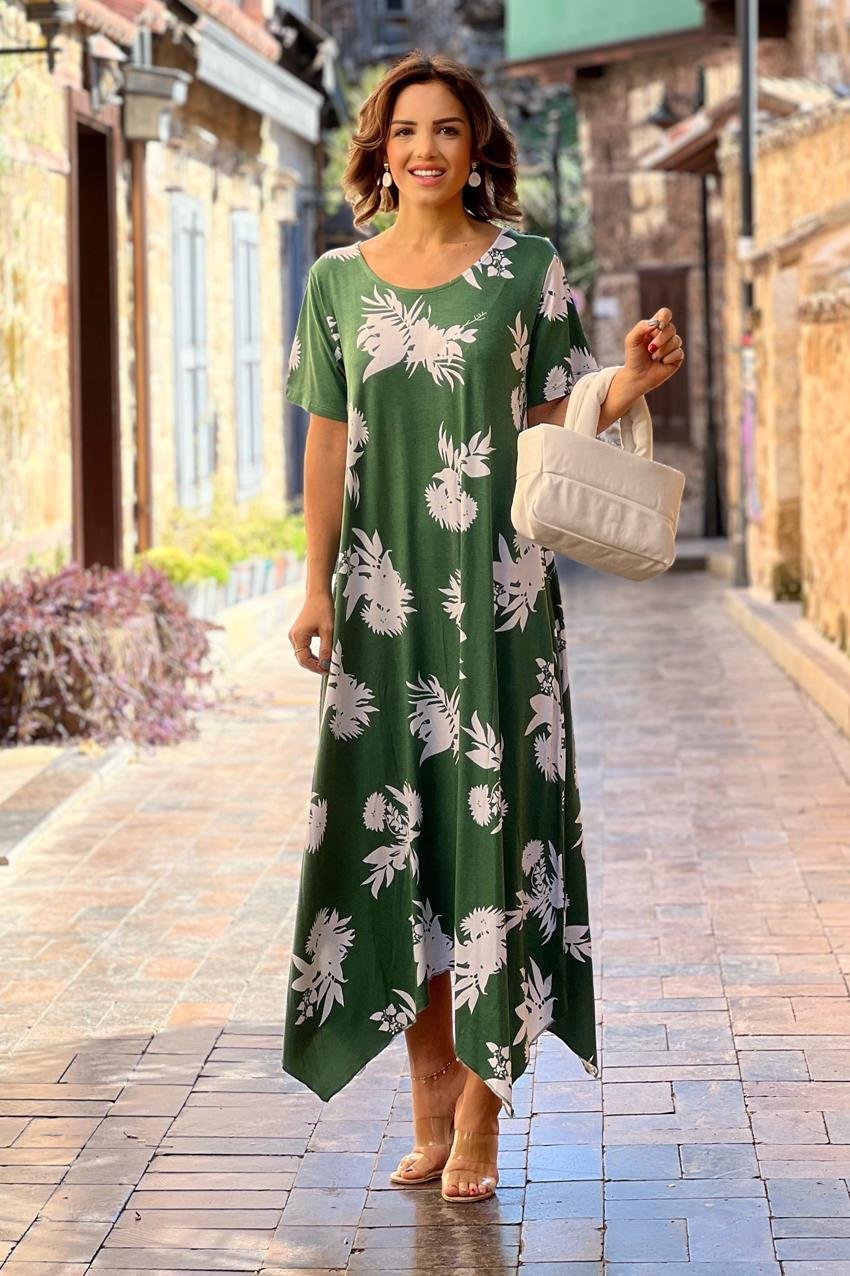 Yeşil Beyaz Yapraklı Verev Kesim Elbise