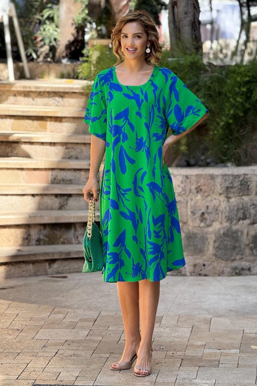 Yeşil Gardenya Kayık Yaka %100 Pamuk Viskon Elbise