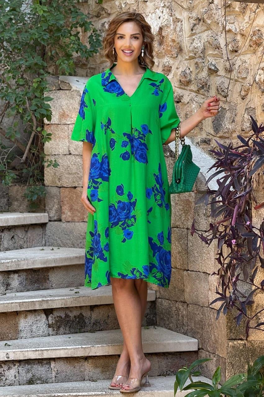 Yeşil Gül Desen Gömlek Yaka %100 Pamuk Viskon Elbise