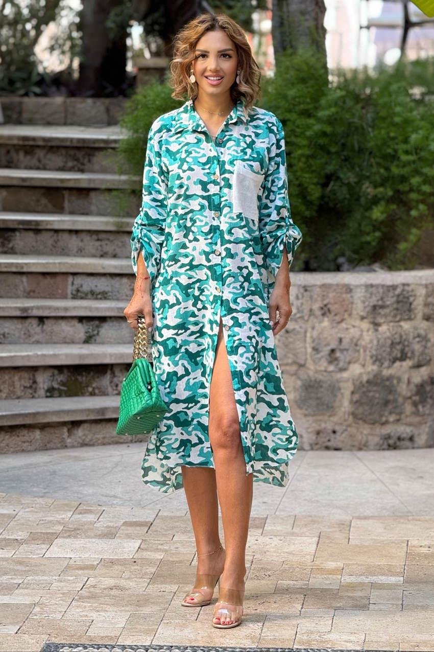 Yeşil Kamuflaj Gömlek Elbise %100 Pamuk