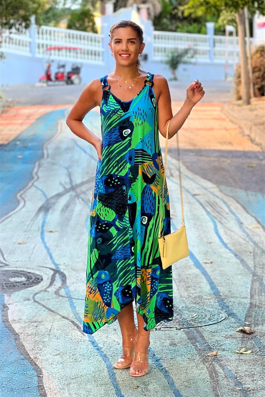 YEŞİL Picasso Desenli Tokalı Yazlık Elbise