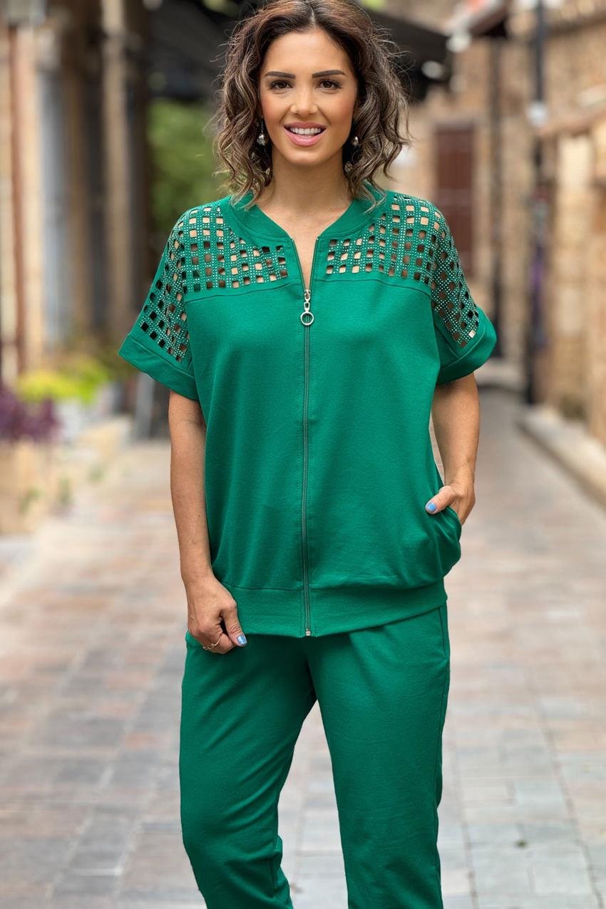 Yeşil Renk Omuz Dekolteli %100 Pamuk Eşofman Takım