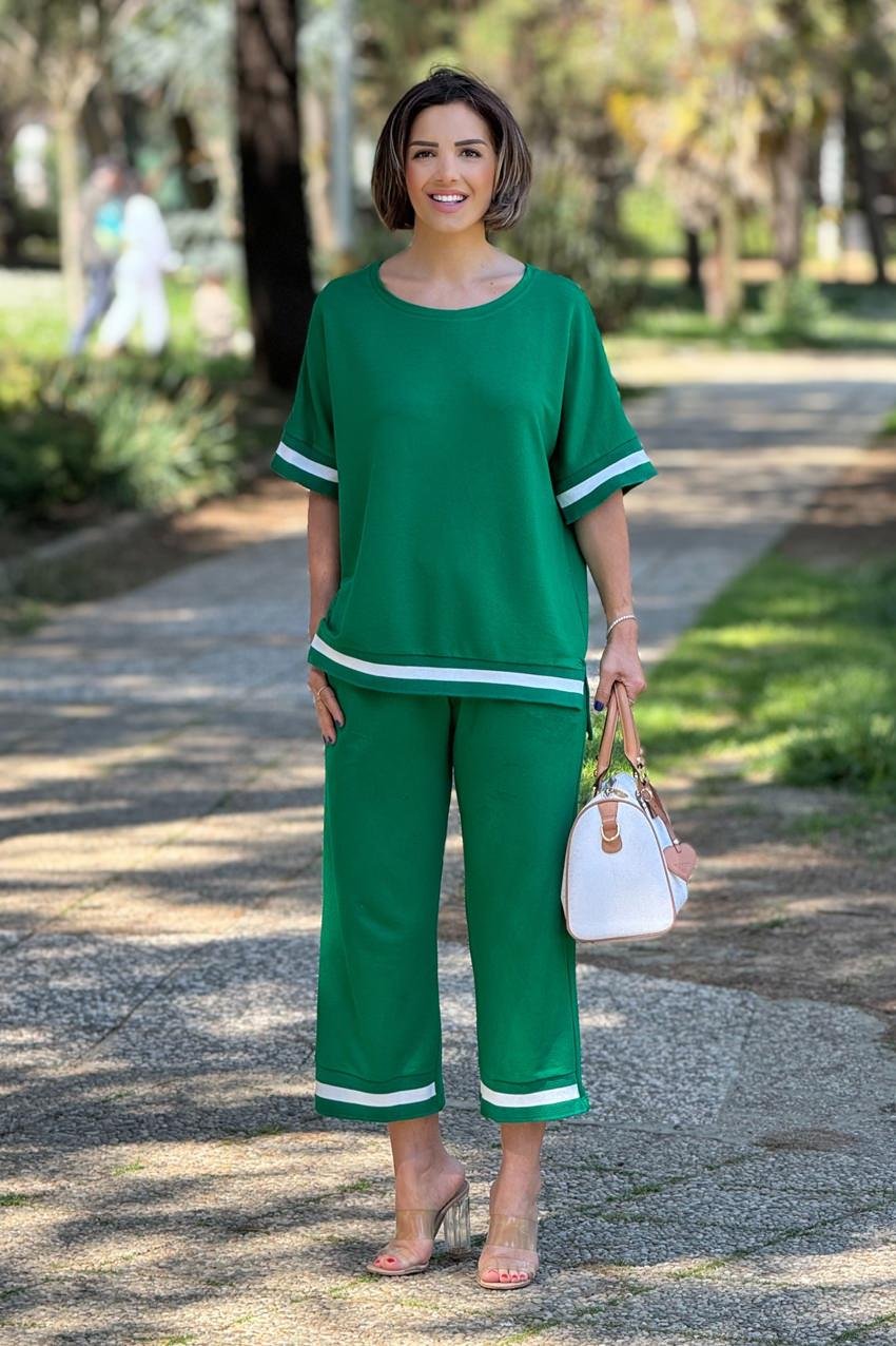 Yeşil Renk Ribanalı Pamuklu Pantolon Bluz İkili Takım