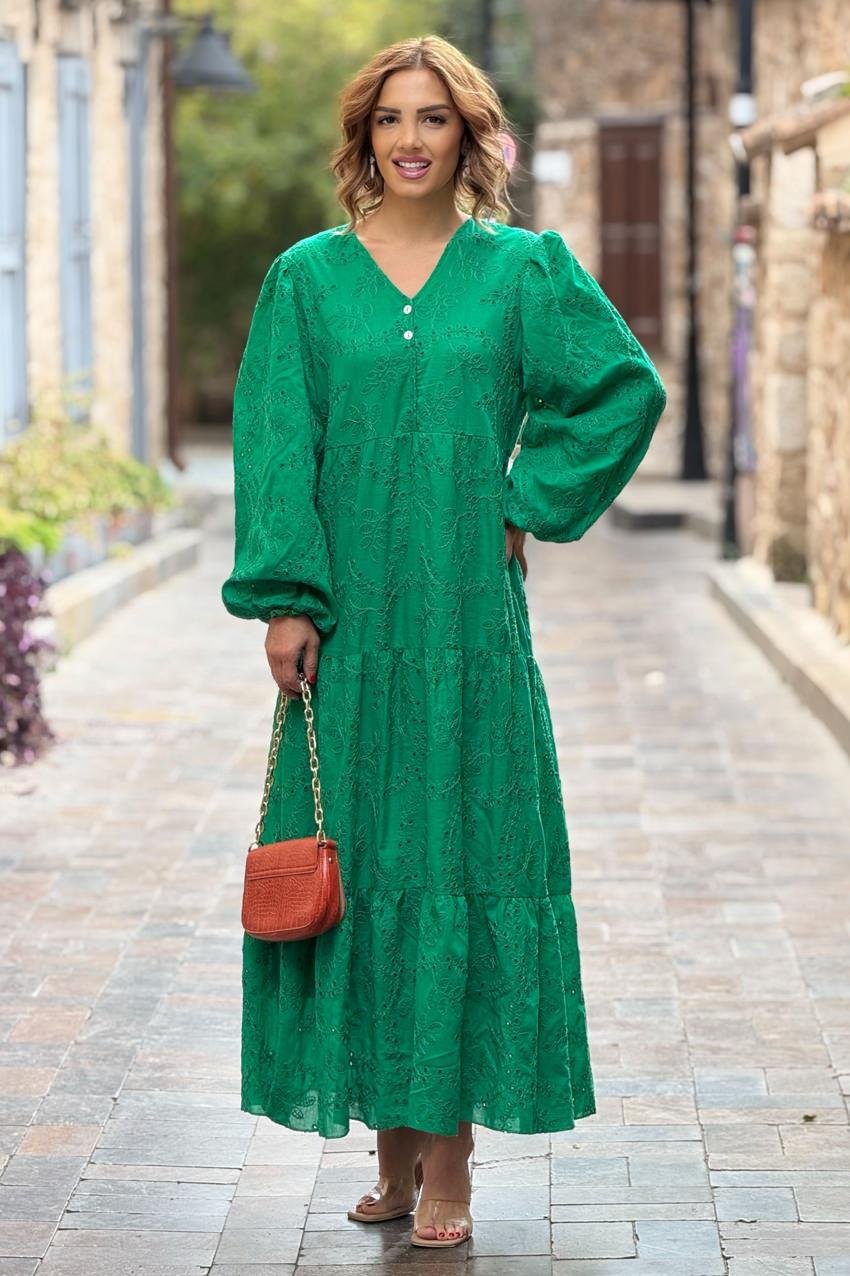 Yeşil V Yaka Fistolu Astarlı Elbise