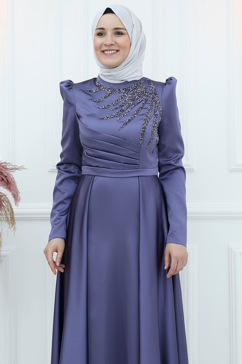 Berceste Saten Tesettür Abiye İndigo