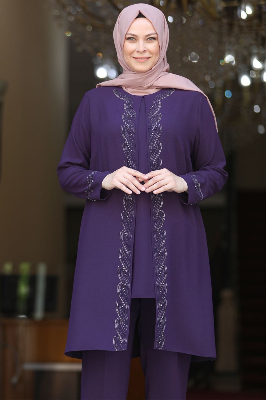 Birsen İkili Tunik Pantolon Tesettür Takım Mor