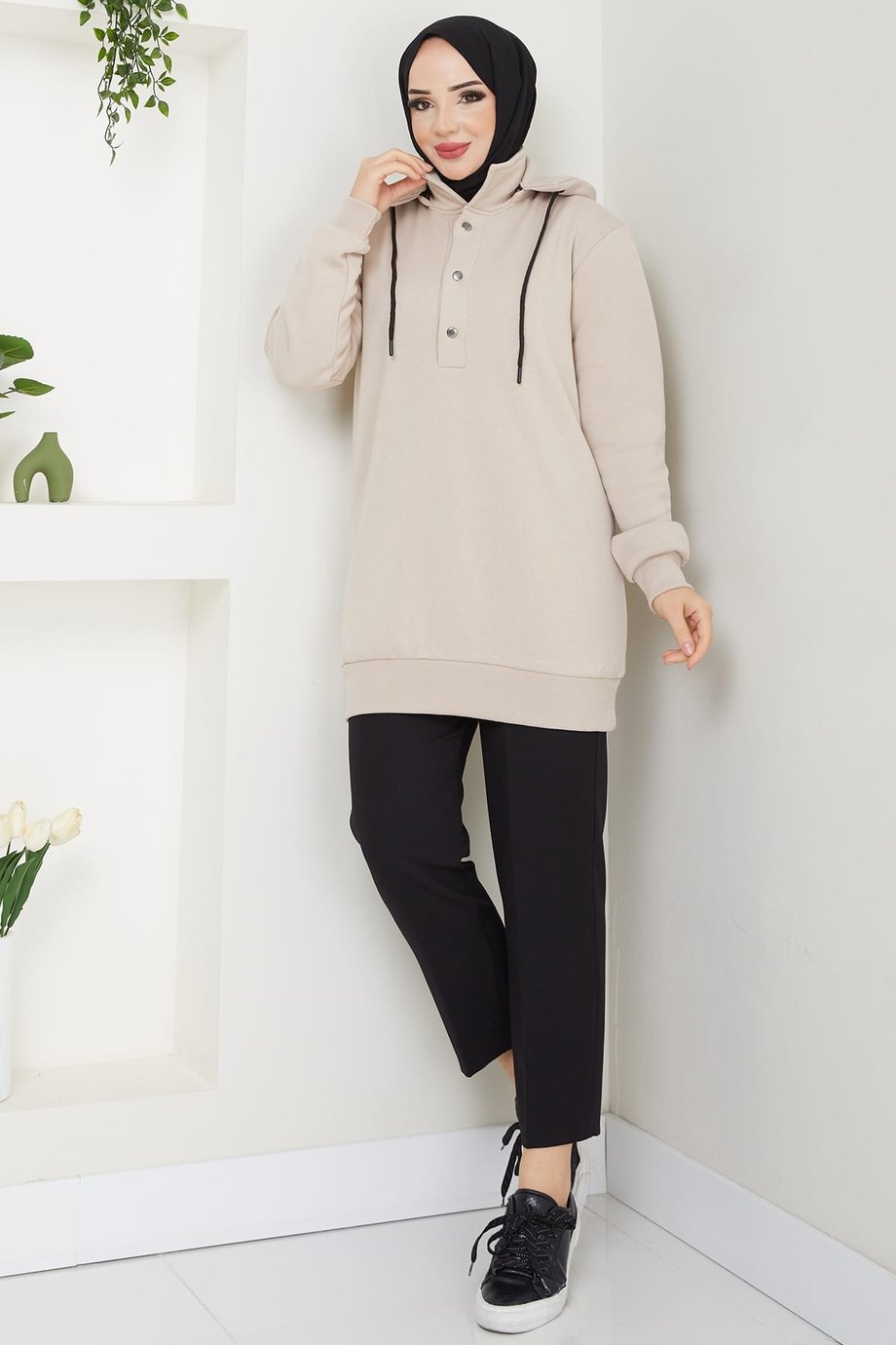 Çıkarılabilir Kapüşonlu 3 İplik Şardonlu Sweatshirt Bej