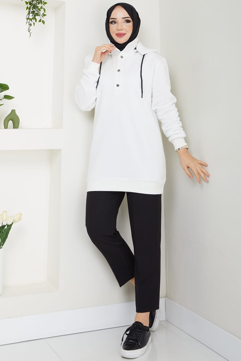 Çıkarılabilir Kapüşonlu 3 İplik Şardonlu Sweatshirt Beyaz