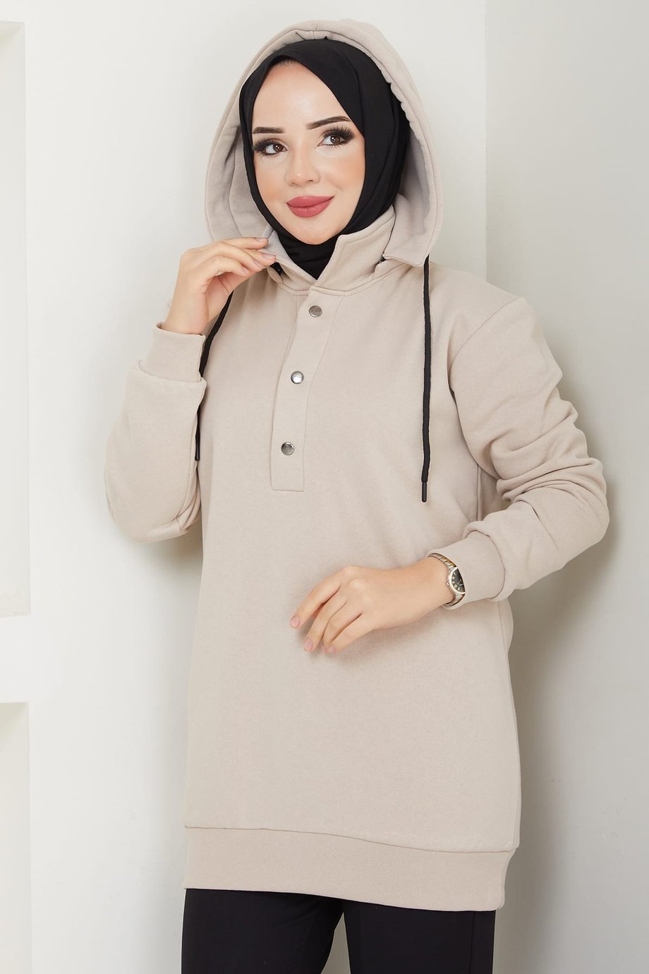 Çıkarılabilir Kapüşonlu 3 İplik Şardonlu Sweatshirt Bej