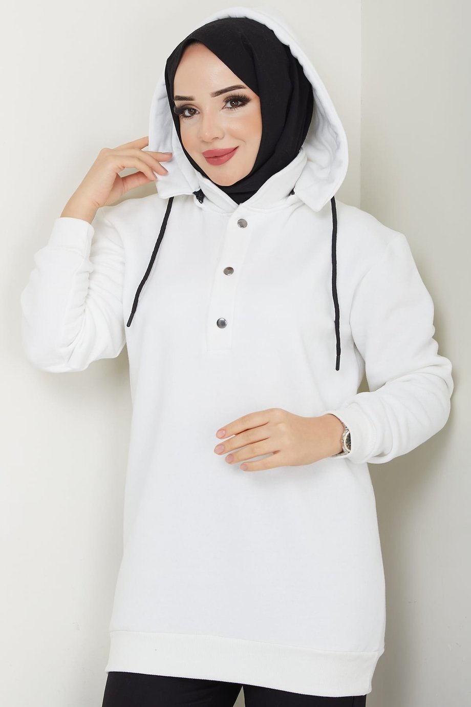 Çıkarılabilir Kapüşonlu 3 İplik Şardonlu Sweatshirt Beyaz