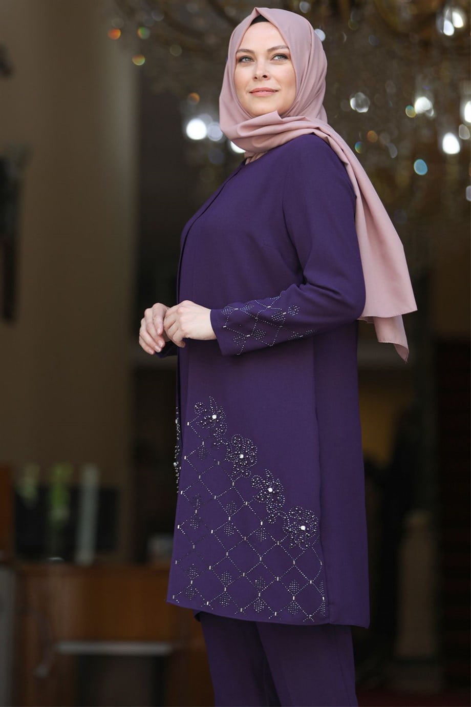 Derin İkili Tunik Pantolon Tesettür Takım Mürdüm