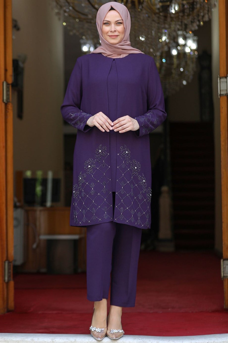 Derin İkili Tunik Pantolon Tesettür Takım Mürdüm