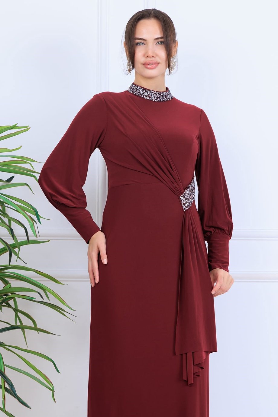 Melisa Sarkaçlı Tesettür Abiye Bordo