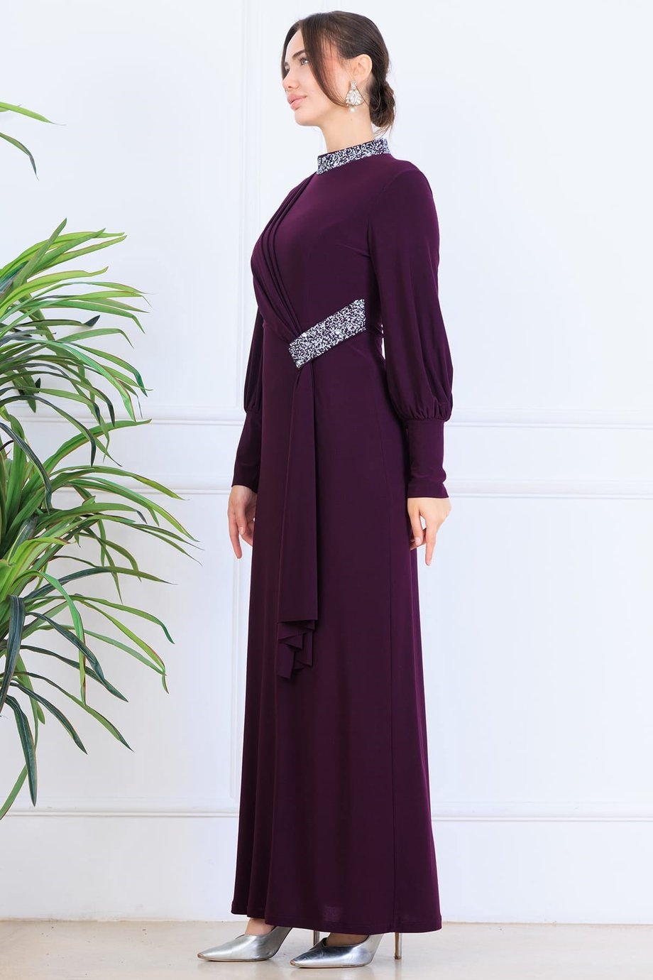 Melisa Sarkaçlı Tesettür Abiye Mürdüm