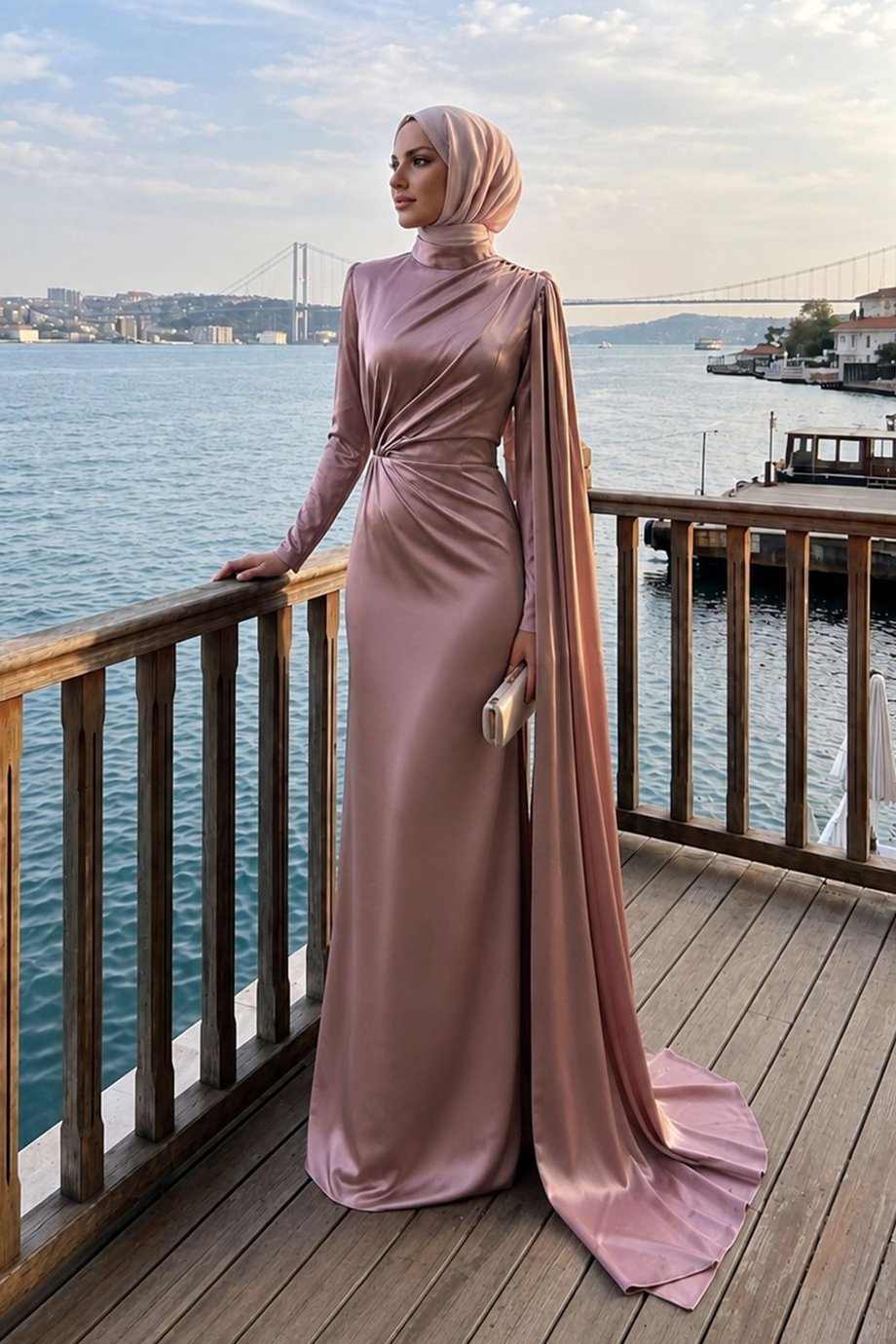Nur Saten Tesettür Abiye Gül Kurusu