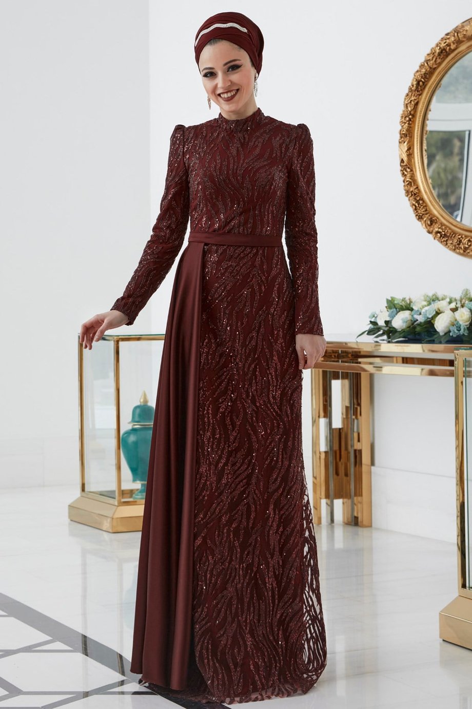 Rabia Tesettür Abiye Bordo