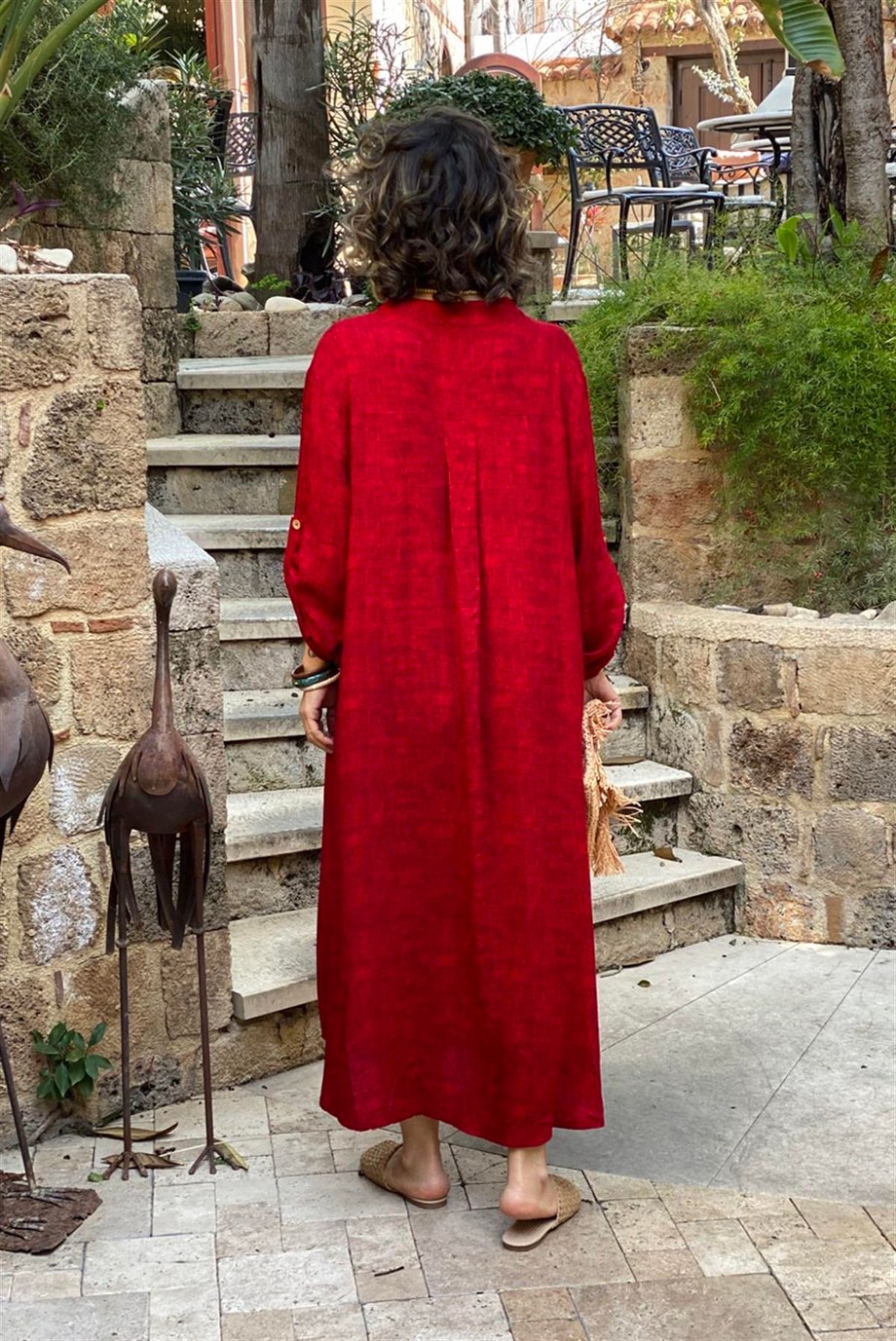 %100 Pamuk Viskon Toprak Kırmızı Gömlek Elbise