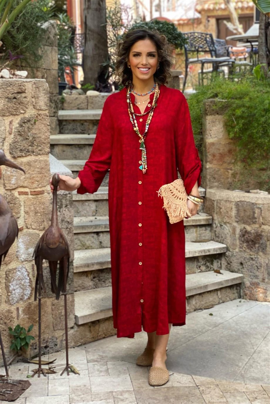 %100 Pamuk Viskon Toprak Kırmızı Gömlek Elbise