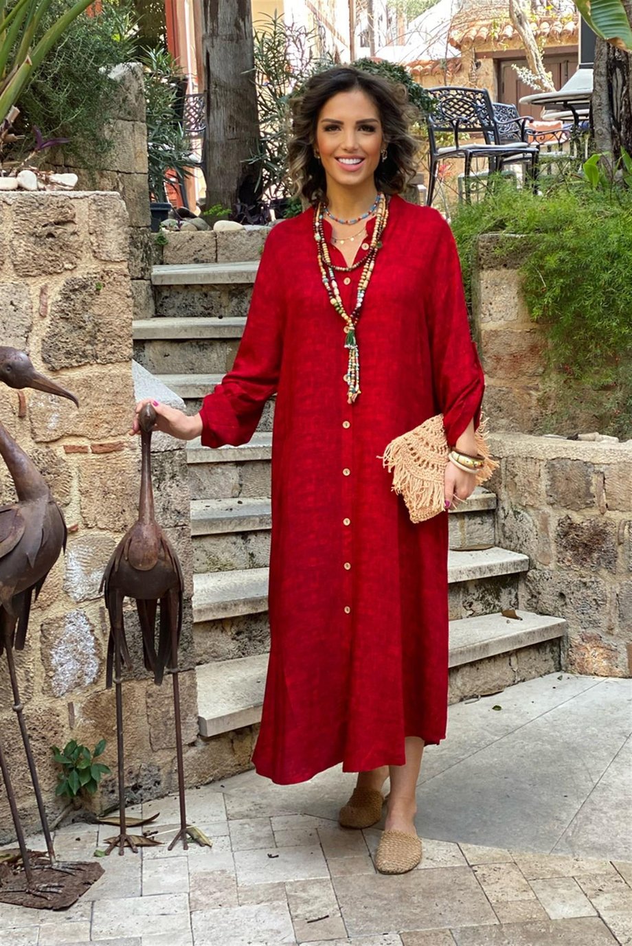 %100 Pamuk Viskon Toprak Kırmızı Gömlek Elbise