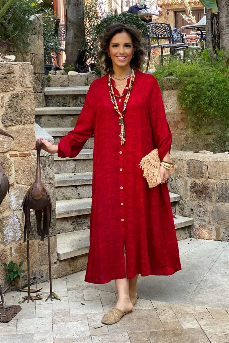 %100 Pamuk Viskon Toprak Kırmızı Gömlek Elbise