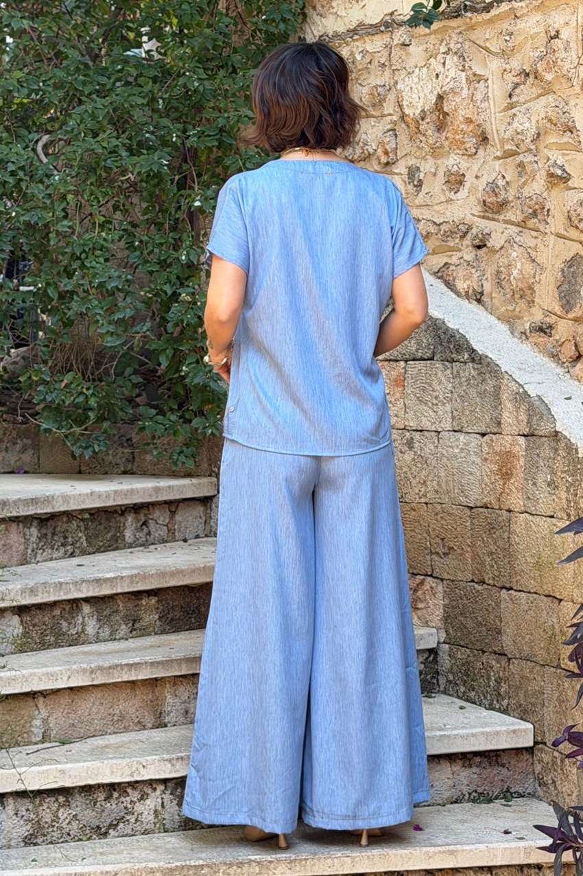 Açık Mavi Mini Patlı Palazzo İkili Takım