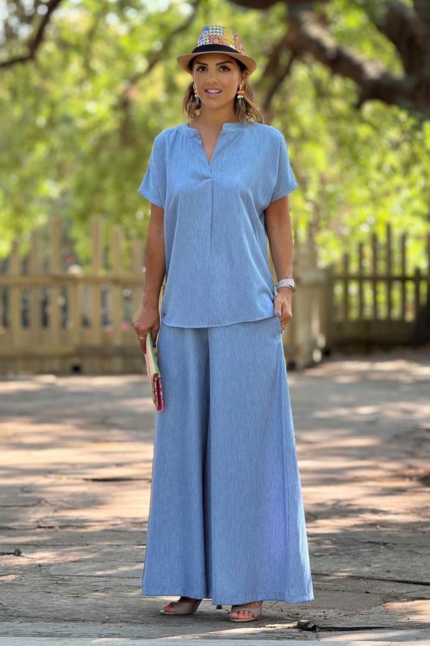 Açık Mavi Mini Patlı Palazzo Takım