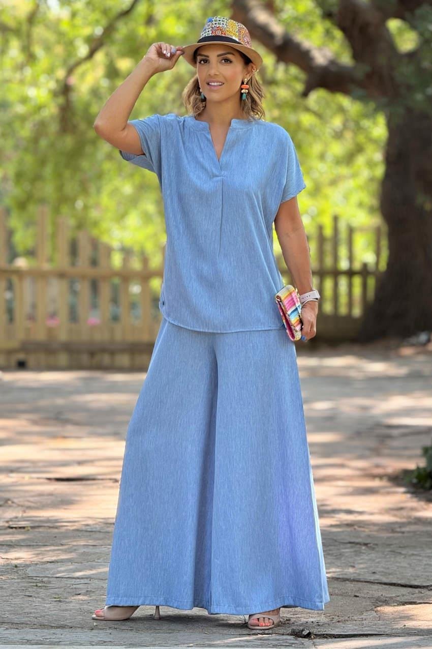 Açık Mavi Mini Patlı Palazzo Takım