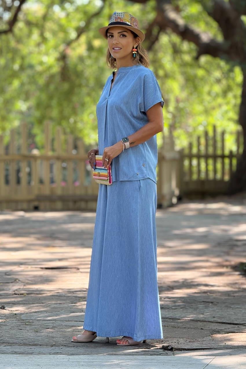 Açık Mavi Mini Patlı Palazzo Takım