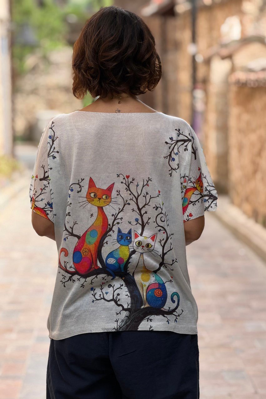 Ağaçta Kedi Desenli İtalyan Merserize Bluz