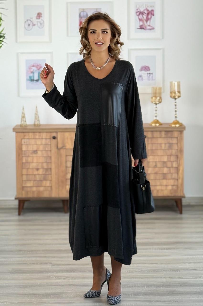 Antrasit Dama Desenli Yün Viskon Elbise