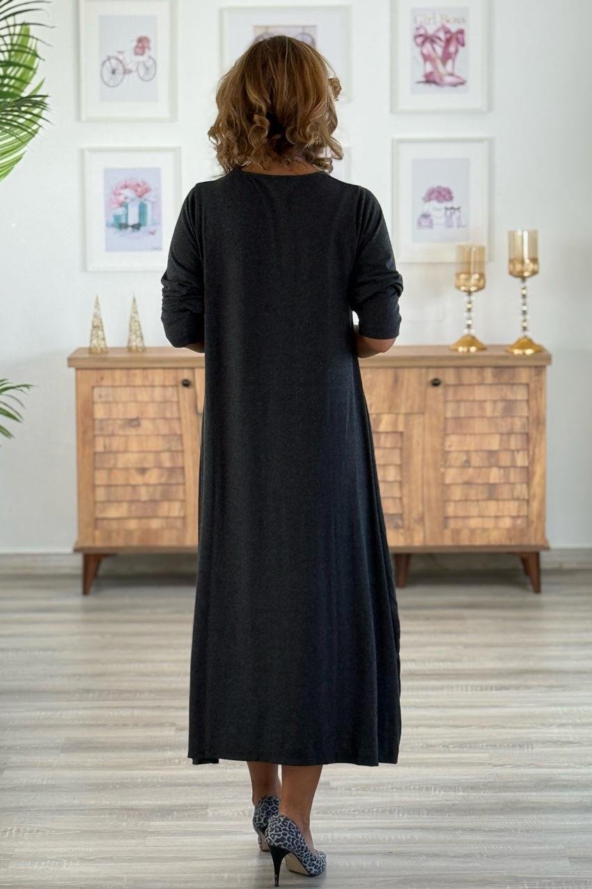 Antrasit Dama Desenli Yün Viskon Elbise