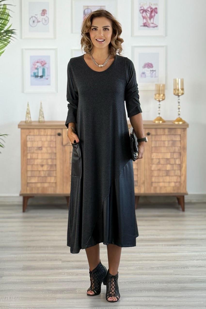 Antrasit Etek Ucu Asimetrik Deri Kesimli Elbise