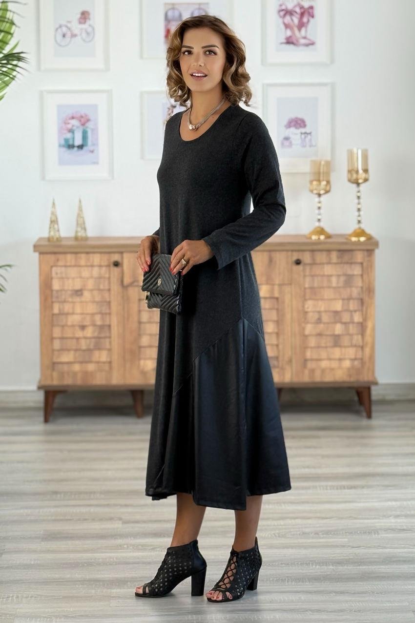 Antrasit Etek Ucu Asimetrik Deri Kesimli Elbise