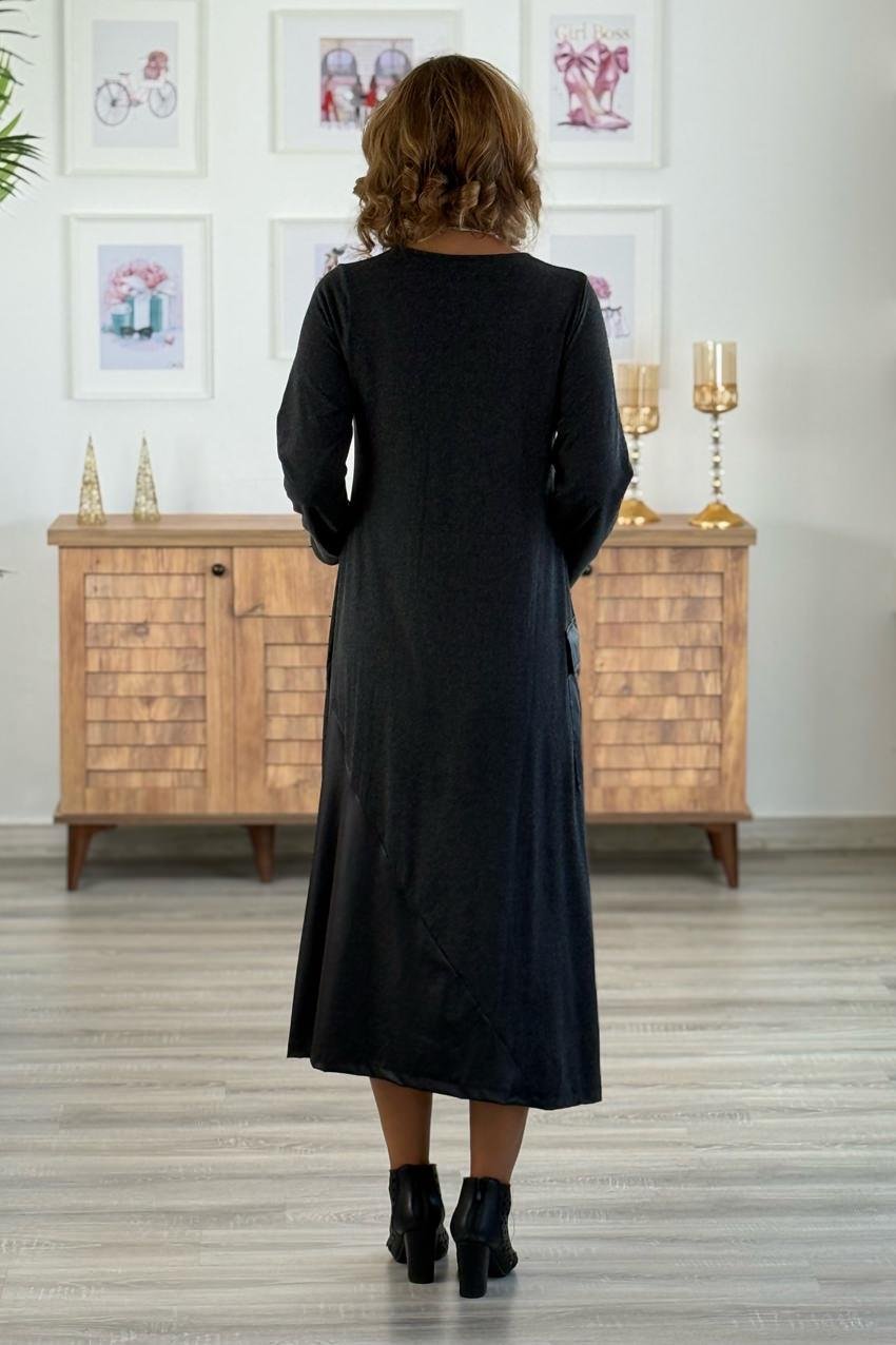 Antrasit Etek Ucu Asimetrik Deri Kesimli Elbise